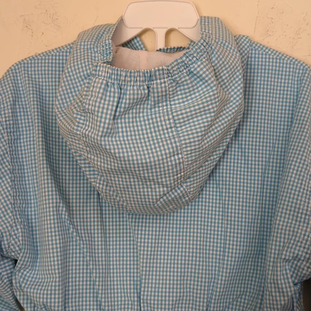 OshKosh B'gosh Vintage Girls Light Blue Gingham Hooded Jacket Size Medium 5/6